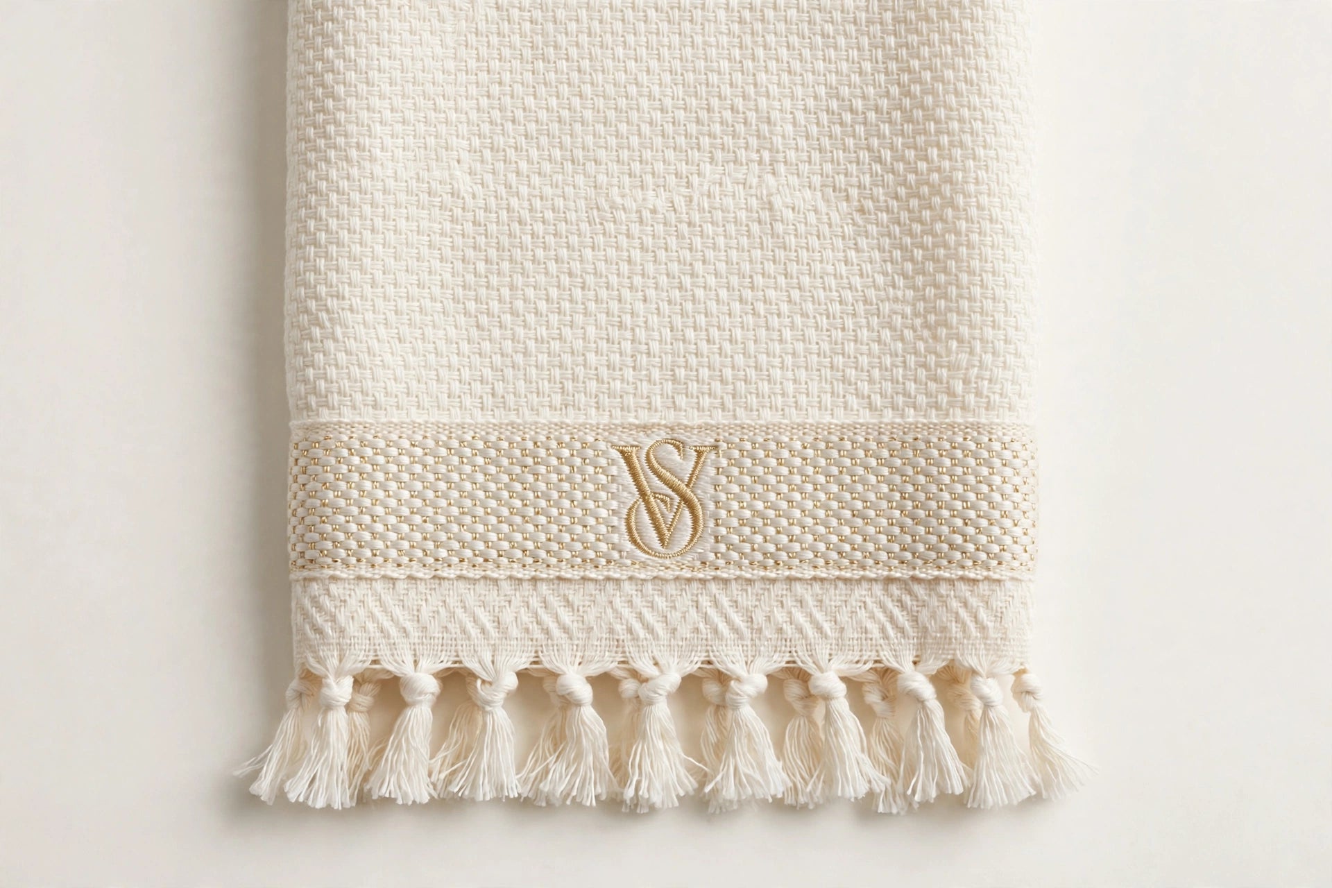 Concept visualization of ivory tonal Capri Avorio peshtemal with restrained gold monogram band