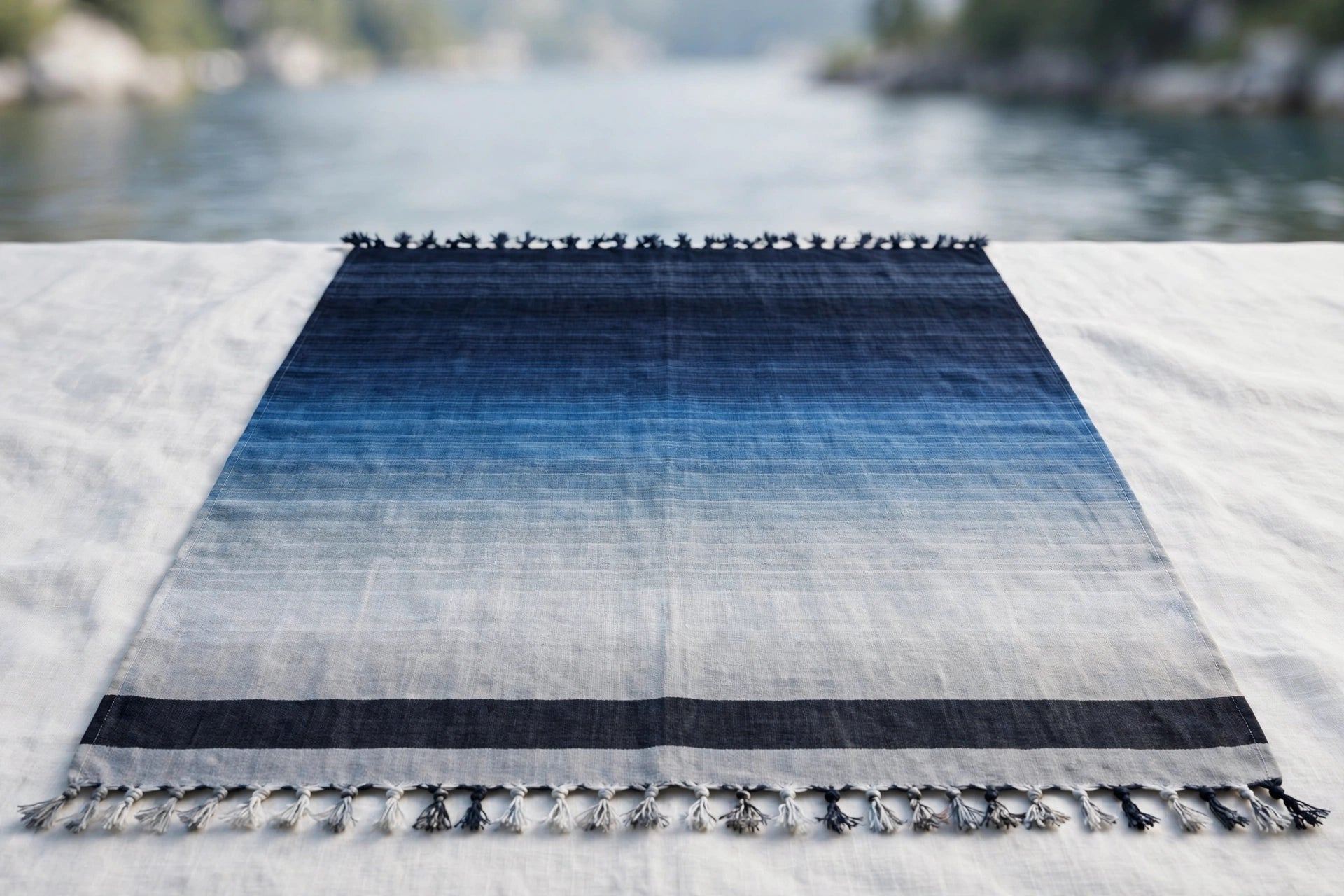 Concept visualization of Como Lago peshtemal with graduated Mediterranean blue stripes