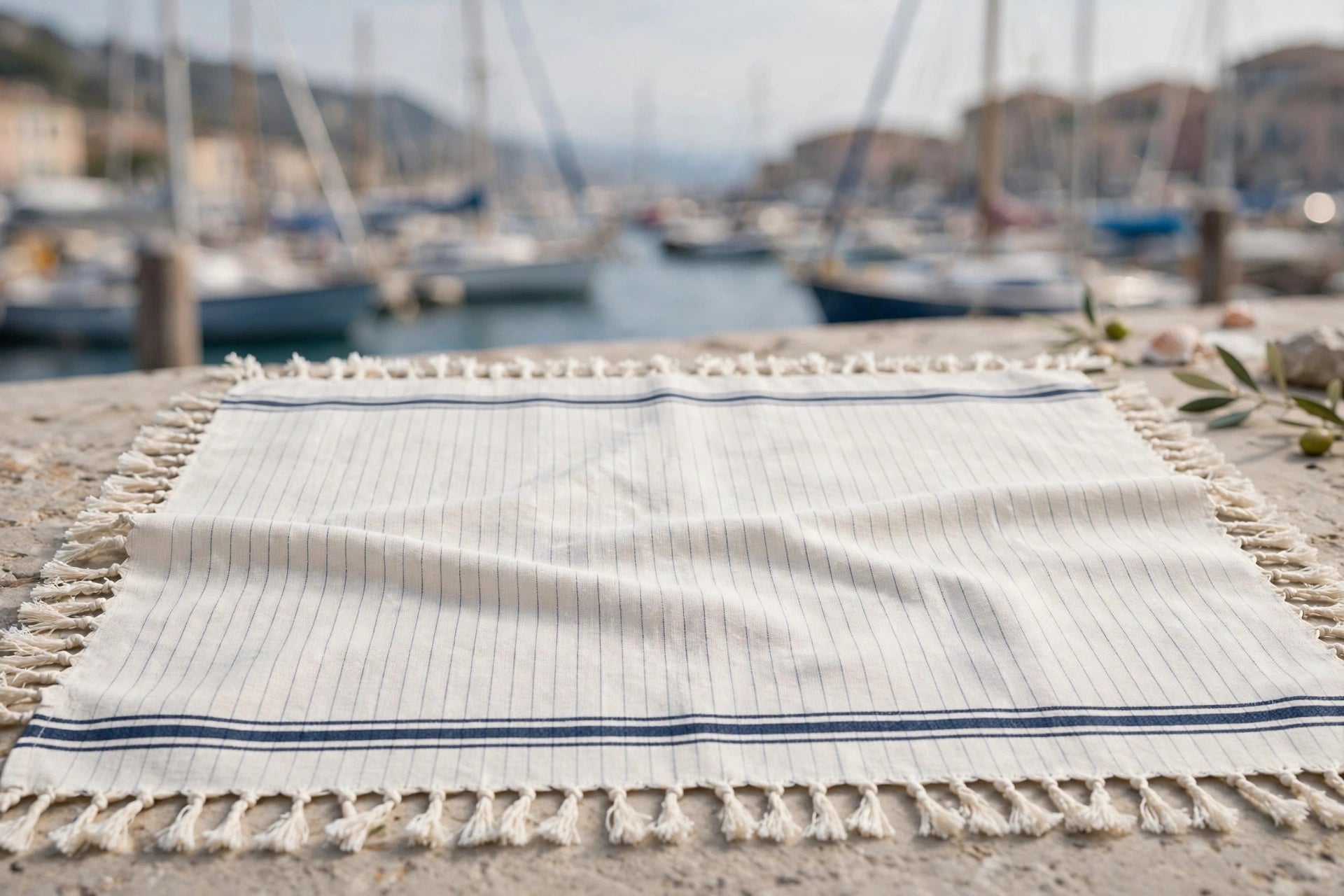 Concept visualization of Portofino Marina peshtemal with fine harbour-blue stripes on ivory