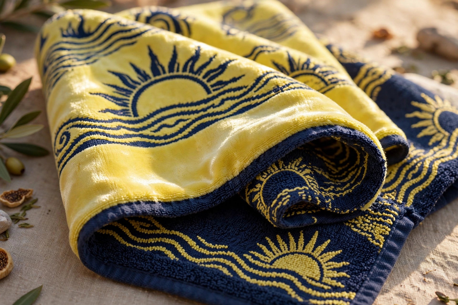 Concept visualization of Sole di Capri beach towel with lemon and navy sun-wave jacquard