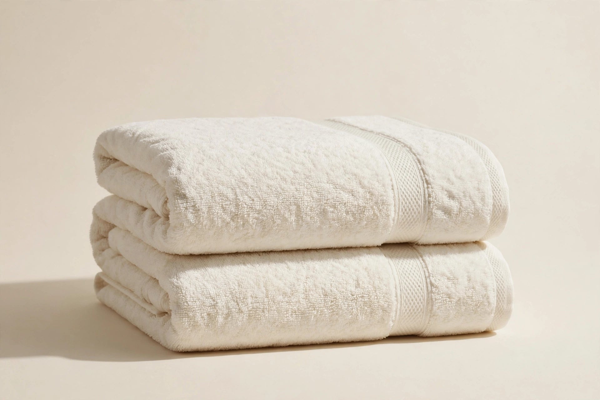 Two folded ivory cotton bath sheets with restrained woven borders