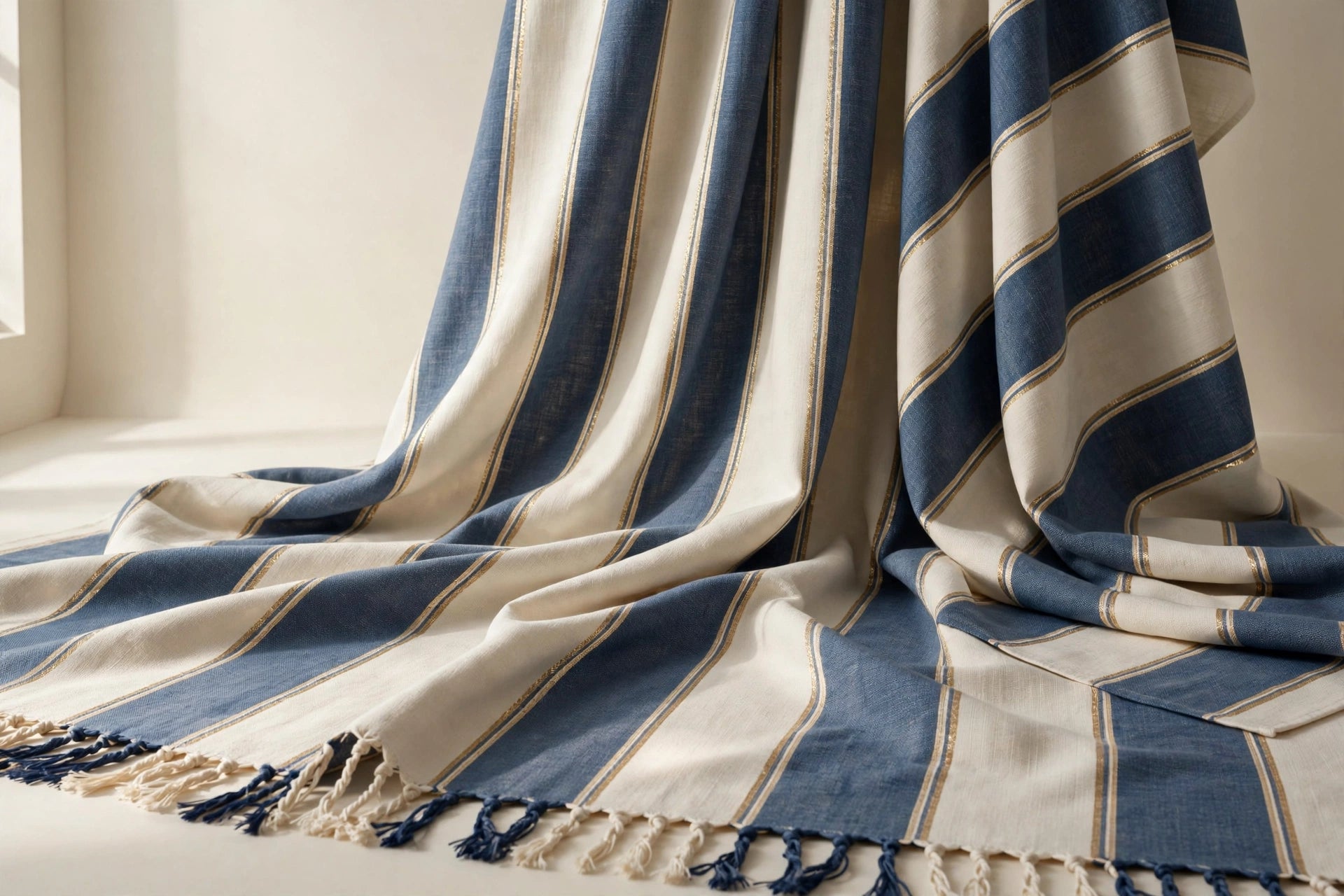 Generously scaled Mare Doppio woven peshtemal in ivory and deep Mediterranean blue stripes