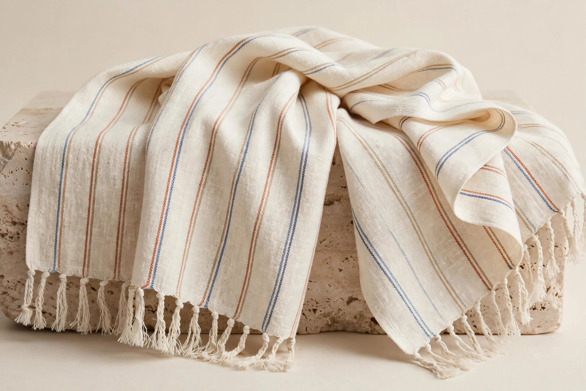 Ivory Mare Singolo woven peshtemal with fine blue and terracotta stripes and knotted fringe