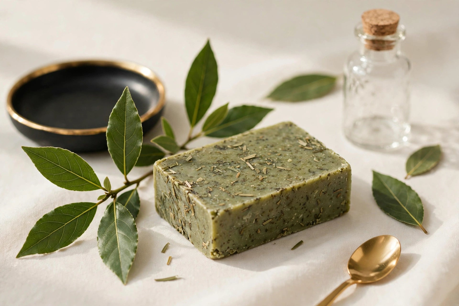 Concept visualization of Sapone al Lauro with a green soap bar, laurel leaves, and black-and-gold bath accents