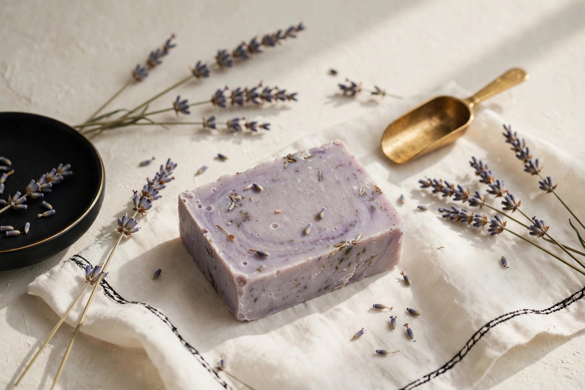 Concept visualization of Sapone alla Lavanda with a lavender soap bar, dried lavender, and gold bath accents