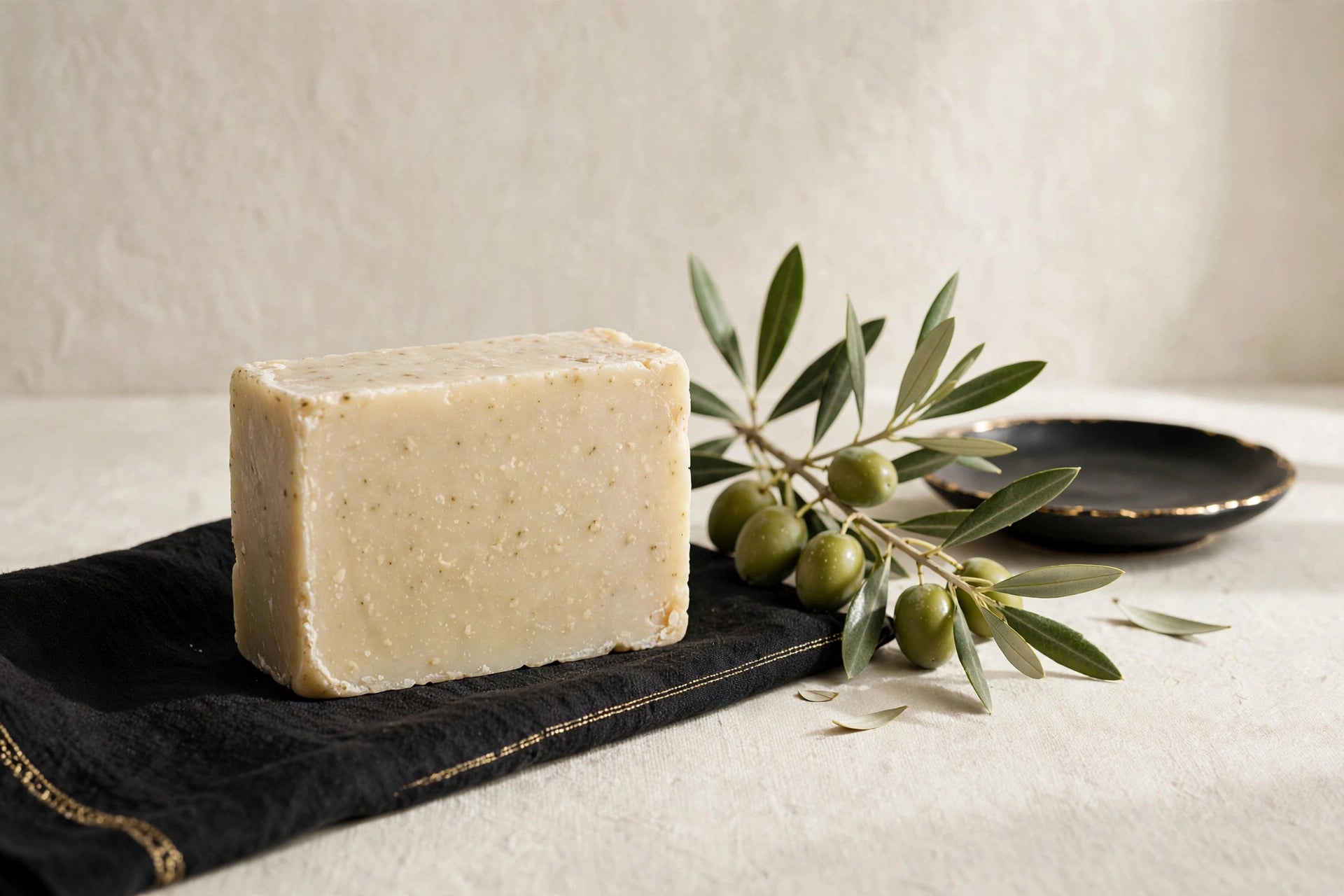 Concept visualization of Sapone all’Olivo with an ivory soap bar, olive branch, and black-and-gold bath accents