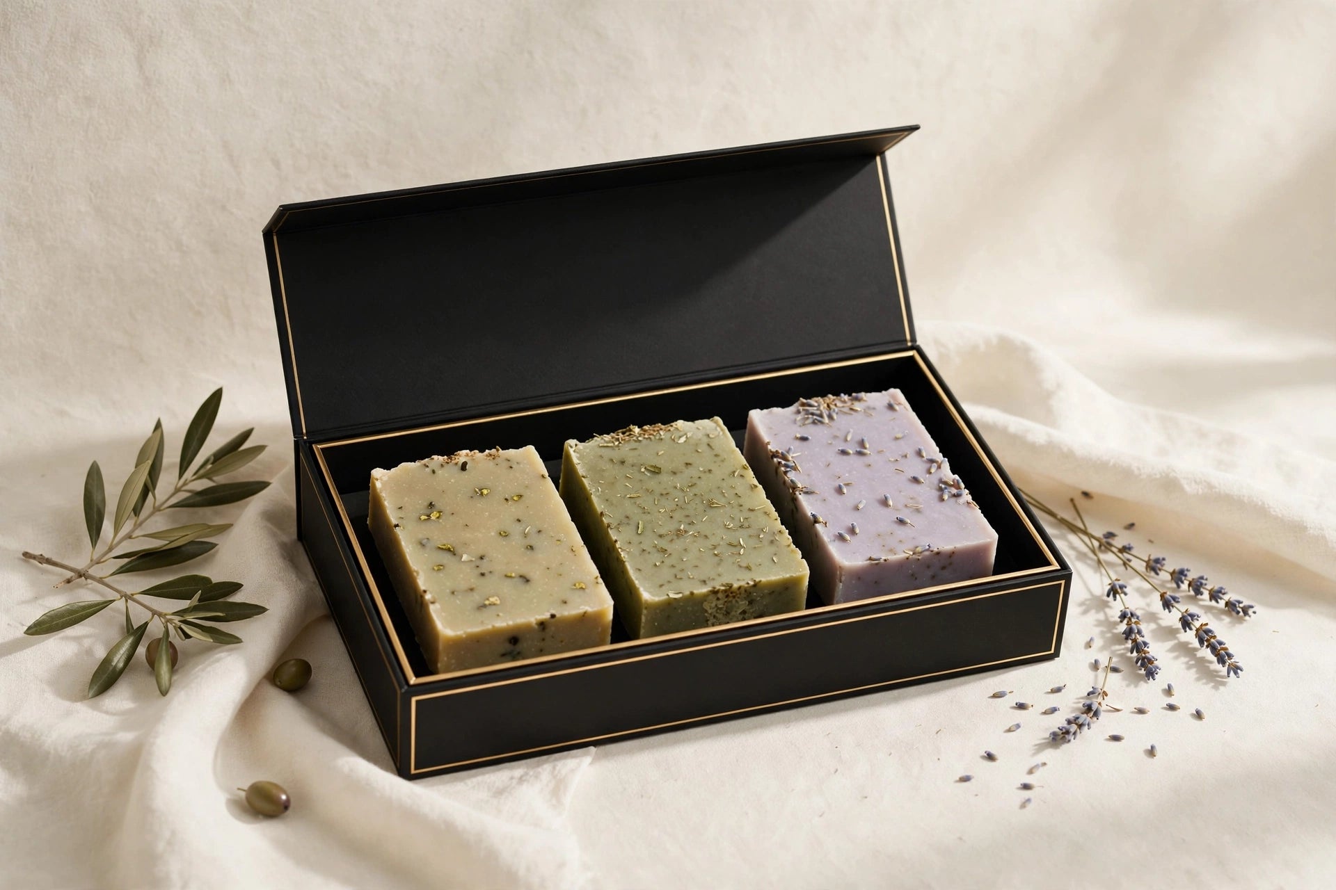 Concept visualization of the Il Rituale trio gift set with three soaps in an open black-and-gold presentation box